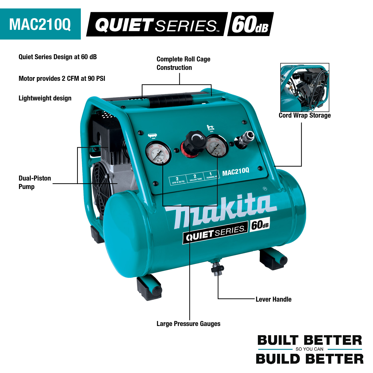 Makita Quiet Series 1 HP, 2 Gallon, Oil‑Free, Electric Air Compressor Makita Quiet Series 1 HP, 2 Gallon, Oil‑Free, Electric Air Compressor